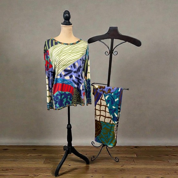 Missoni Silk Jersey Patchwork Knit Top Pants Set Vibrant Late 80s VTG 46/12–14 - Picture 3 of 12